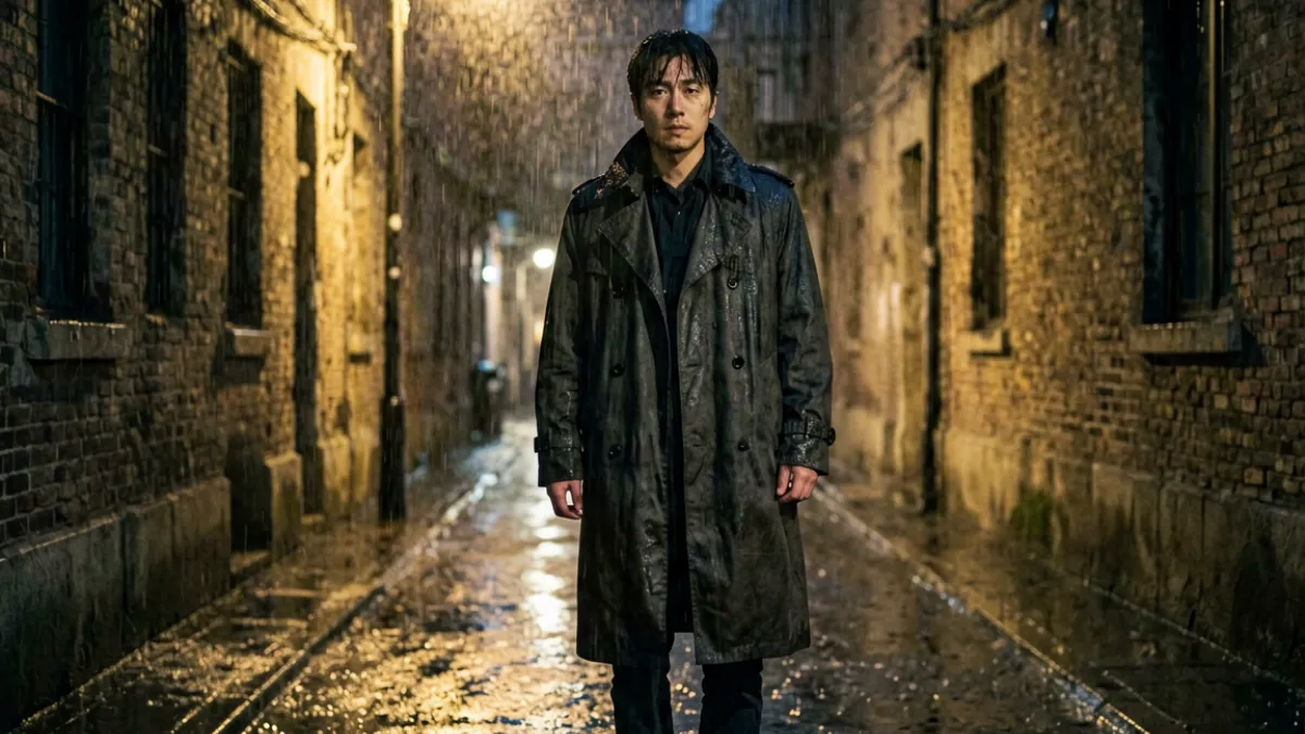 98堂上架动作悬疑新片，男主角站在雨夜巷口的剧照画面